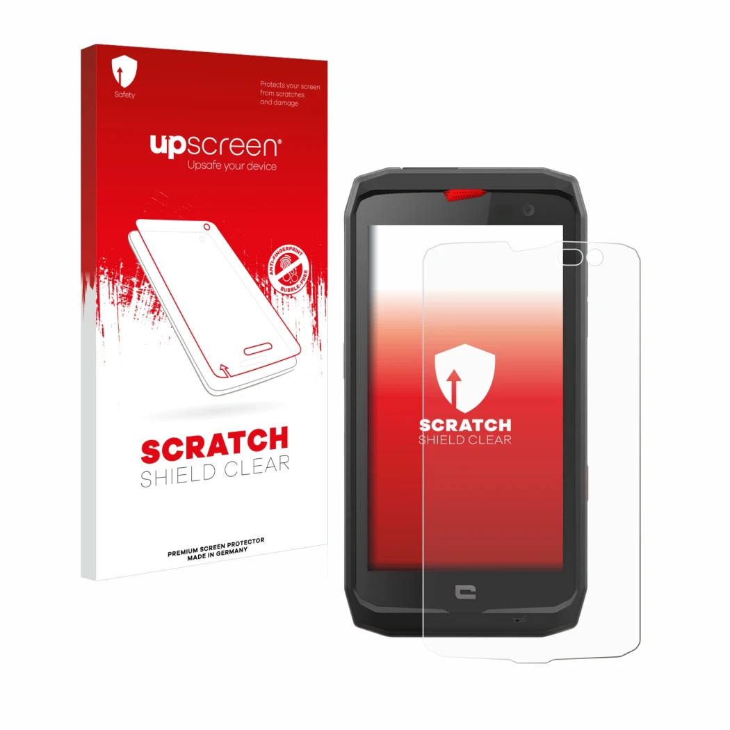 Front side of a product packaging with the brand logo upscreen. Next to it is the device Crosscall Action X3 shown with the co