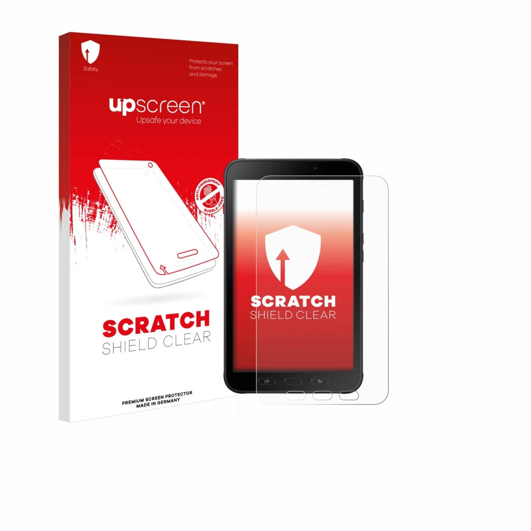 Front side of a product packaging with the brand logo upscreen. Next to it is the device Samsung Galaxy Tab Active 2 shown wit