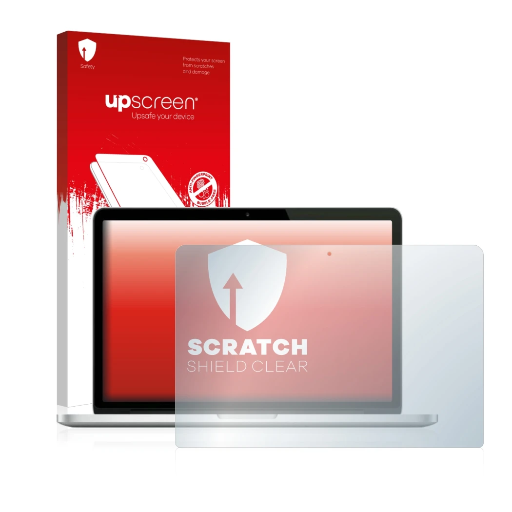 Front side of a product packaging with the brand logo upscreen. Next to it is the device Apple MacBook Pro Retina 13