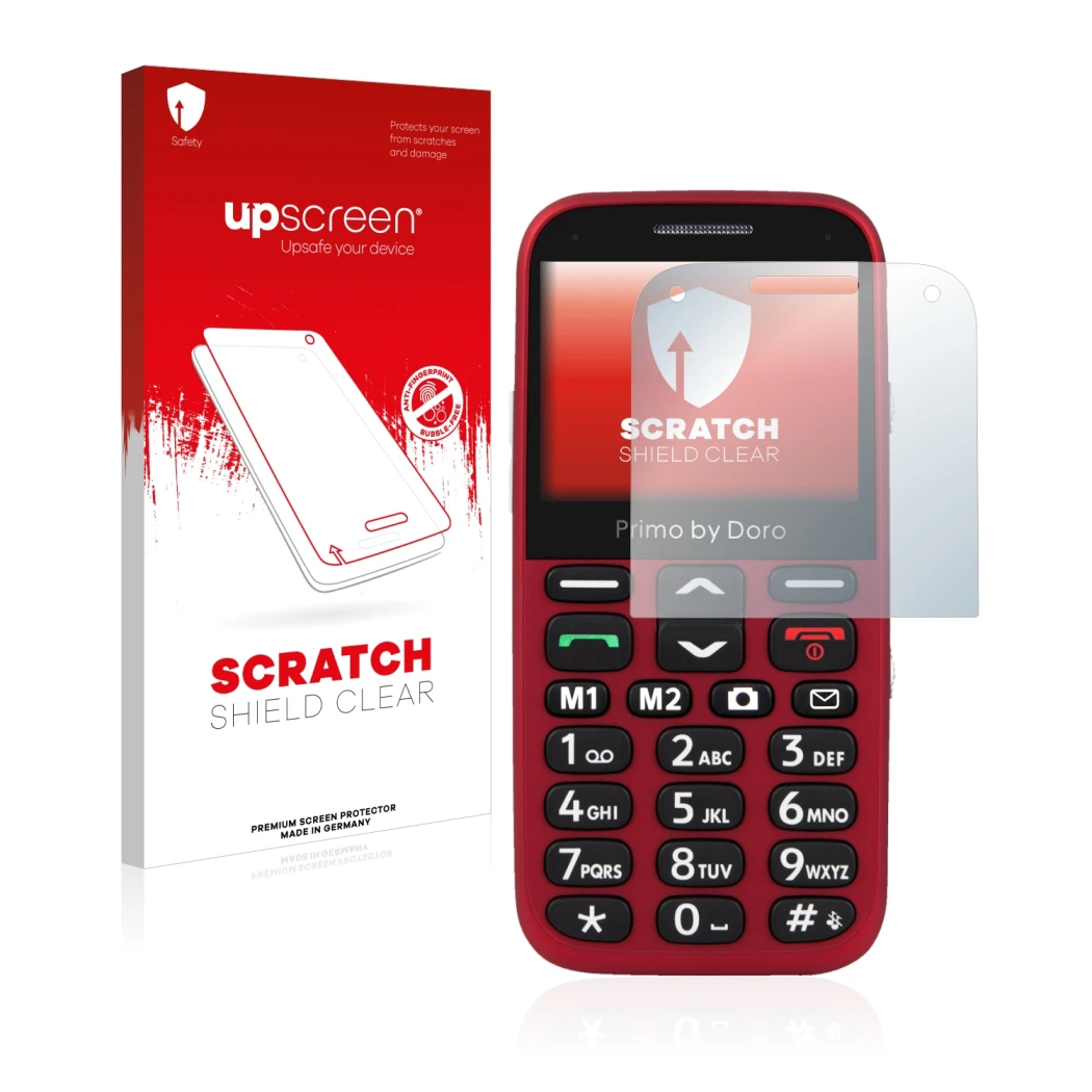 Front side of a product packaging with the brand logo upscreen. Next to it is the device Doro Primo 366 shown with the corresp