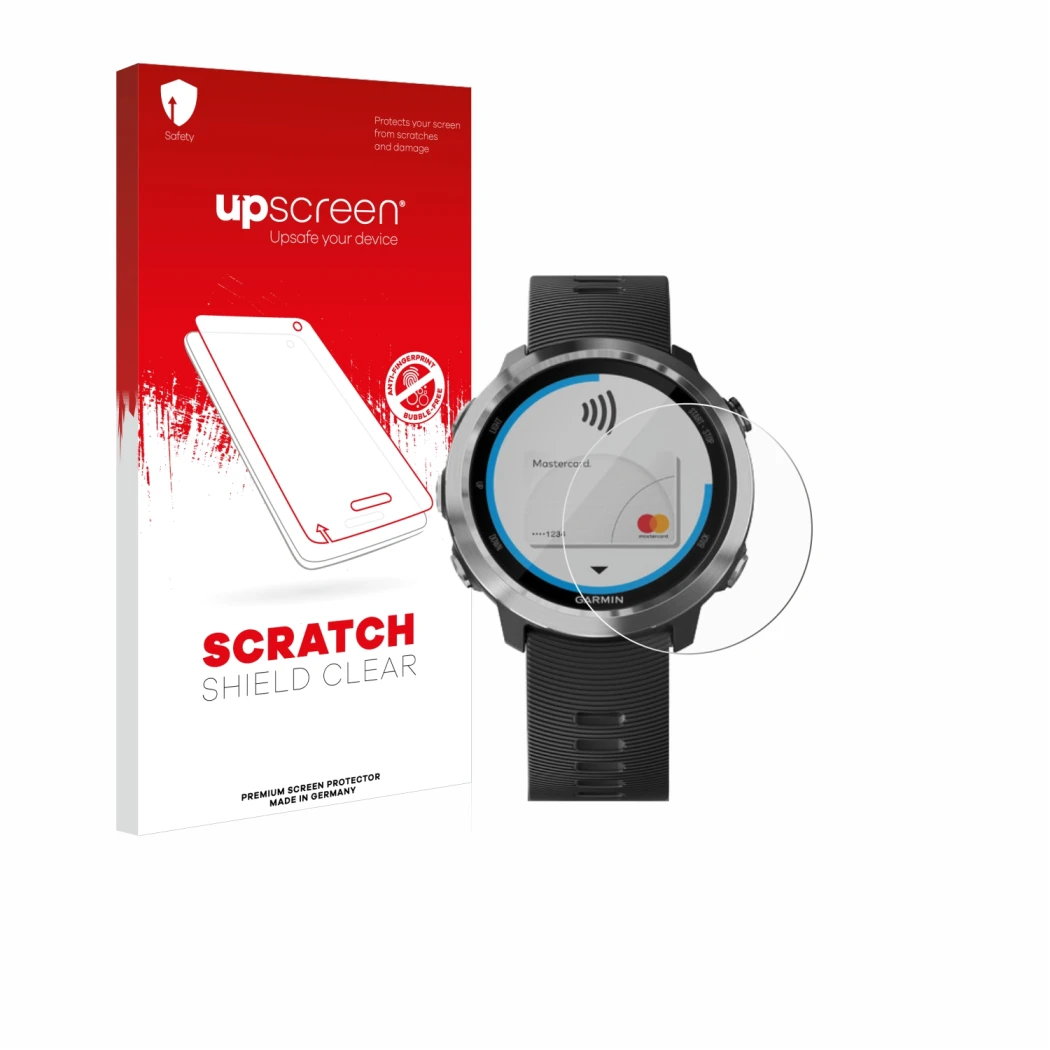 Front side of a product packaging with the brand logo upscreen. Next to it is the device Garmin Forerunner 645 shown with the