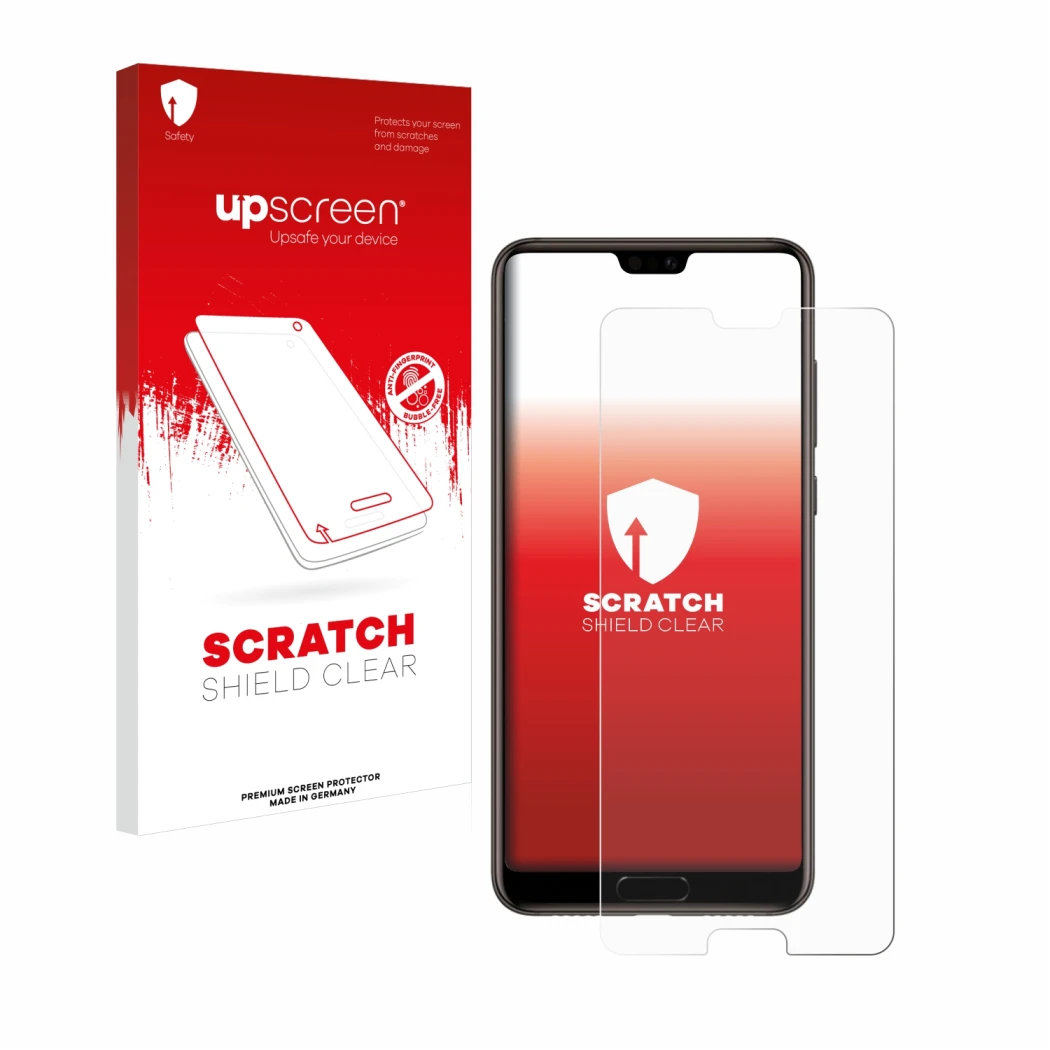 Front side of a product packaging with the brand logo upscreen. Next to it is the device Huawei P20 shown with the correspondi
