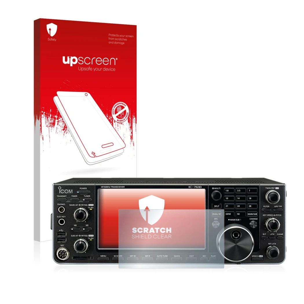 Front side of a product packaging with the brand logo upscreen. Next to it is the device Icom IC-7610 shown with the correspon