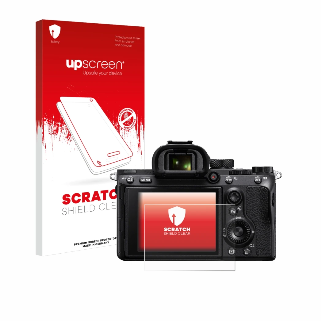 Front side of a product packaging with the brand logo upscreen. Next to it is the device Sony Alpha 7 III (ILCE-7M3) shown wit