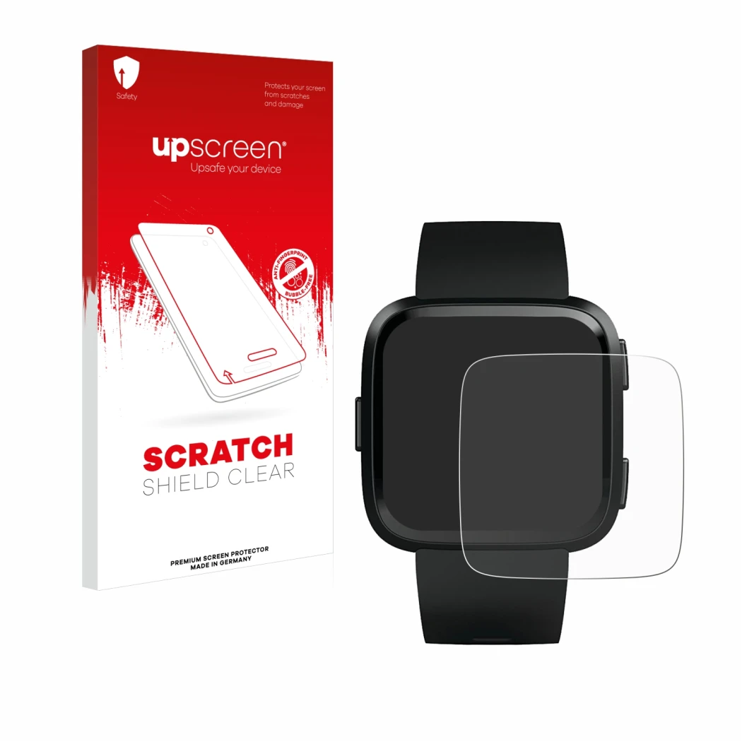 Front side of a product packaging with the brand logo upscreen. Next to it is the device Fitbit Versa shown with the correspon