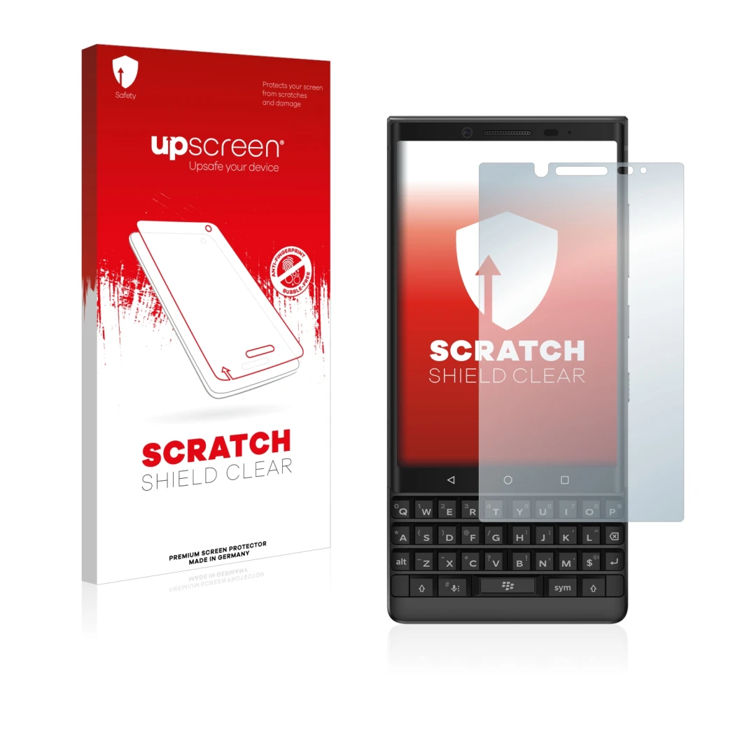 Front side of a product packaging with the brand logo upscreen. Next to it is the device BlackBerry Key2 shown with the corres