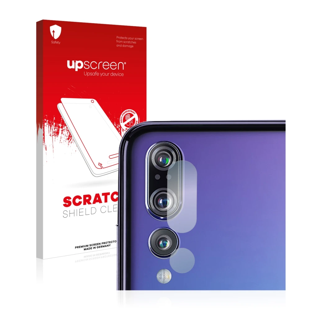 Front side of a product packaging with the brand logo upscreen. Next to it is the device Huawei P20 Pro (ONLY Camera Lens) sho