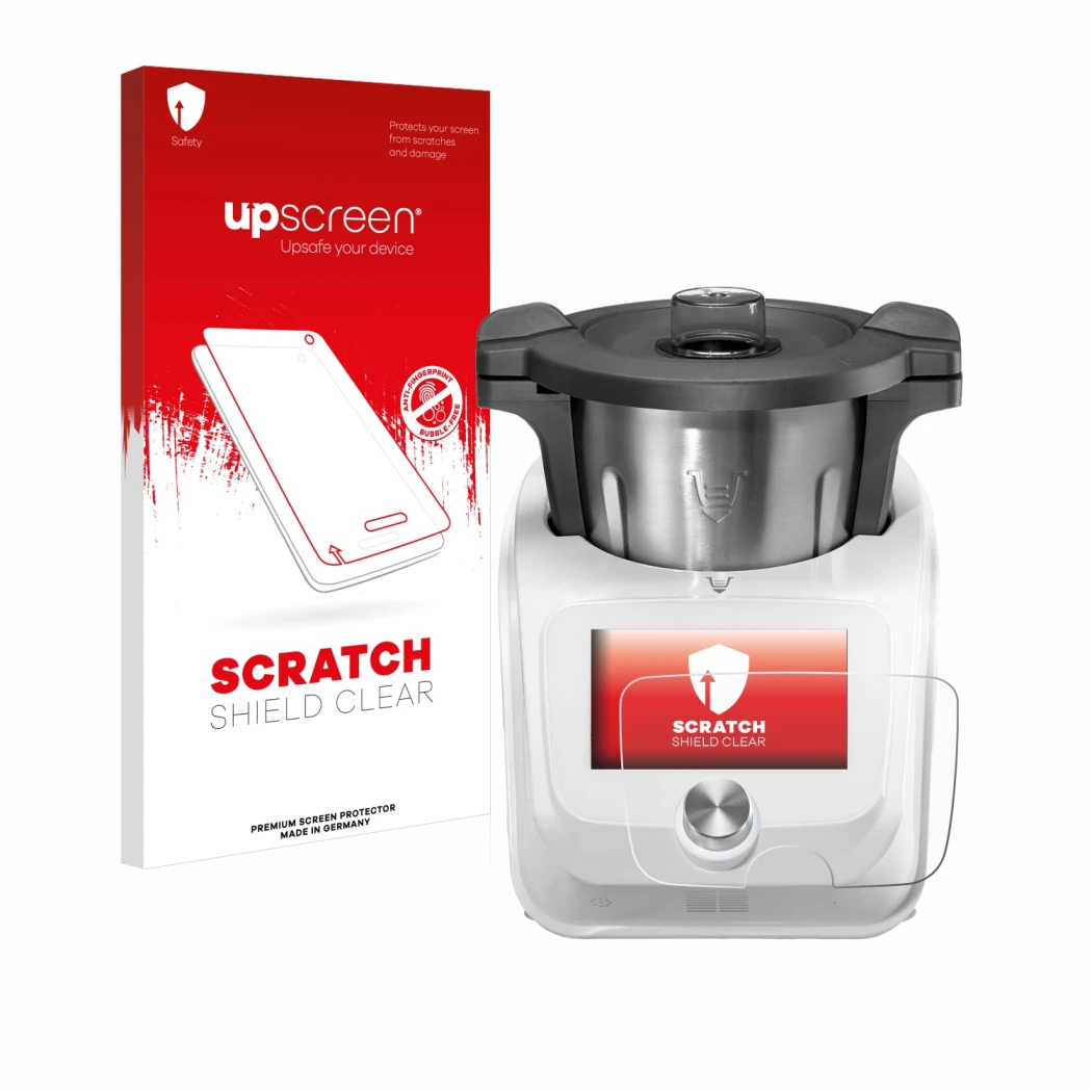 Front side of a product packaging with the brand logo upscreen. Next to it is the device SilverCrest Monsieur Cuisine Connect 