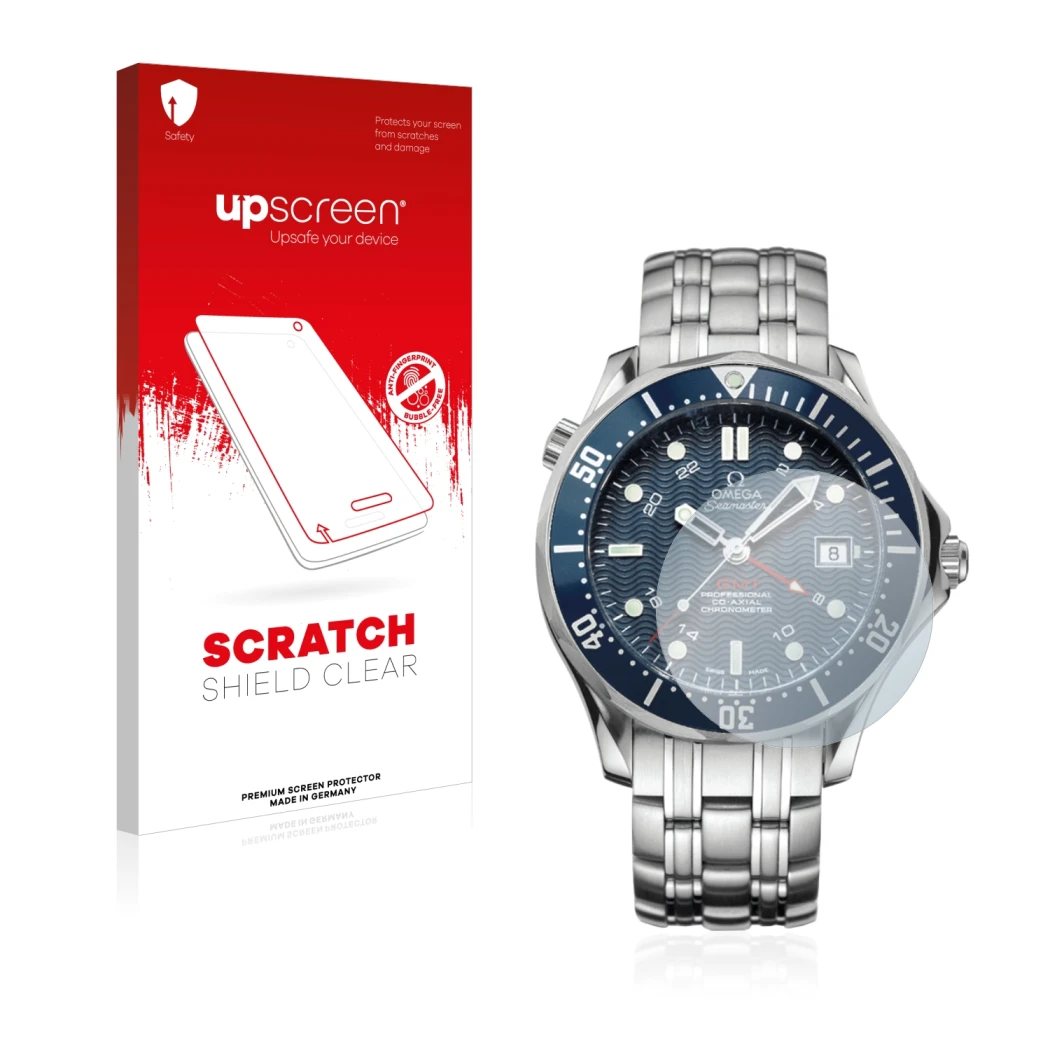 Front side of a product packaging with the brand logo upscreen. Next to it is the device Omega Seamaster Diver (41 mm) shown w