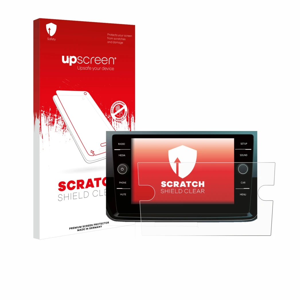 Front side of a product packaging with the brand logo upscreen. Next to it is the device Volkswagen Polo 2018 Composition Medi