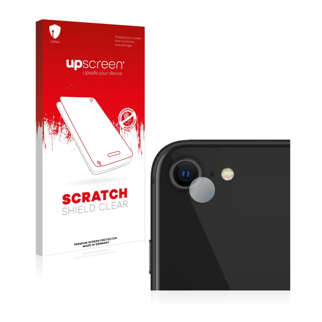 Front side of a product packaging with the brand logo upscreen. Next to it is the device Apple iPhone SE 2 2020 (ONLY Camera L