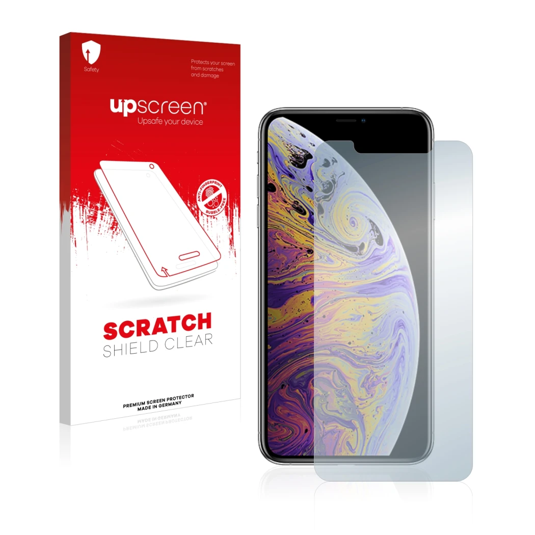 Front side of a product packaging with the brand logo upscreen. Next to it is the device Apple iPhone Xs Max shown with the co