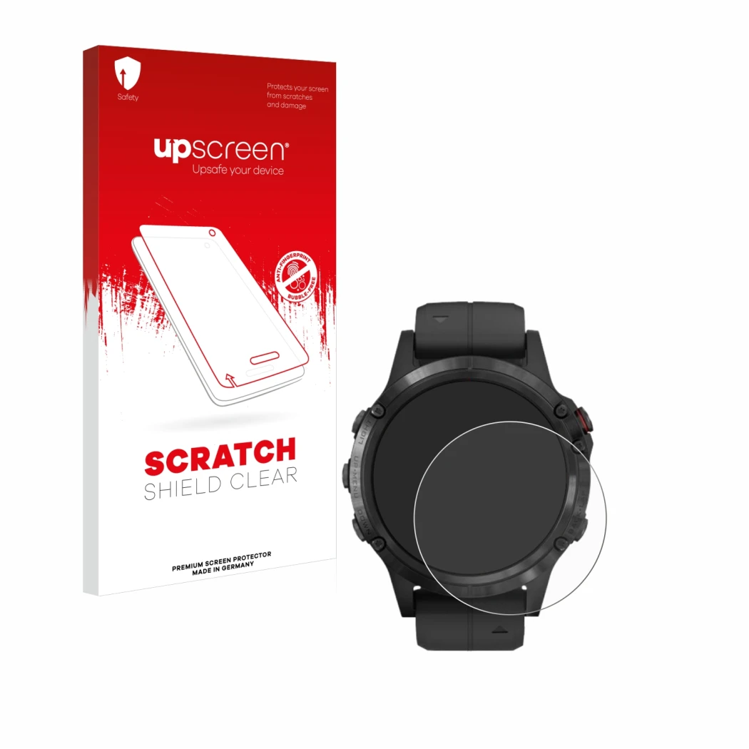 Front side of a product packaging with the brand logo upscreen. Next to it is the device Garmin Fenix 5 Plus (47 mm) shown wit