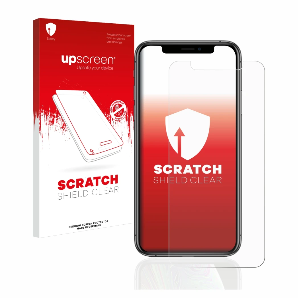Front side of a product packaging with the brand logo upscreen. Next to it is the device Apple iPhone Xs shown with the corres