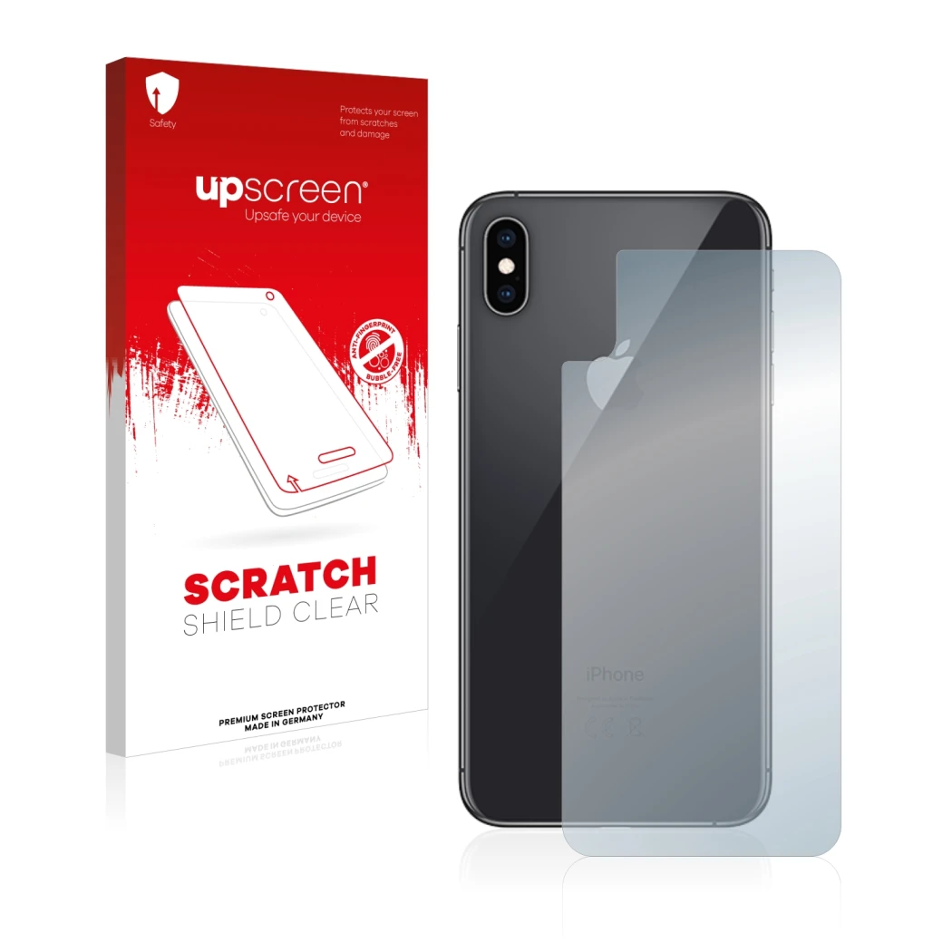 Front side of a product packaging with the brand logo upscreen. Next to it is the device Apple iPhone Xs Max (Back) shown with