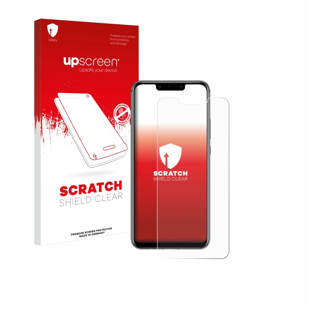 Front side of a product packaging with the brand logo upscreen. Next to it is the device Huawei Mate 20 lite shown with the co