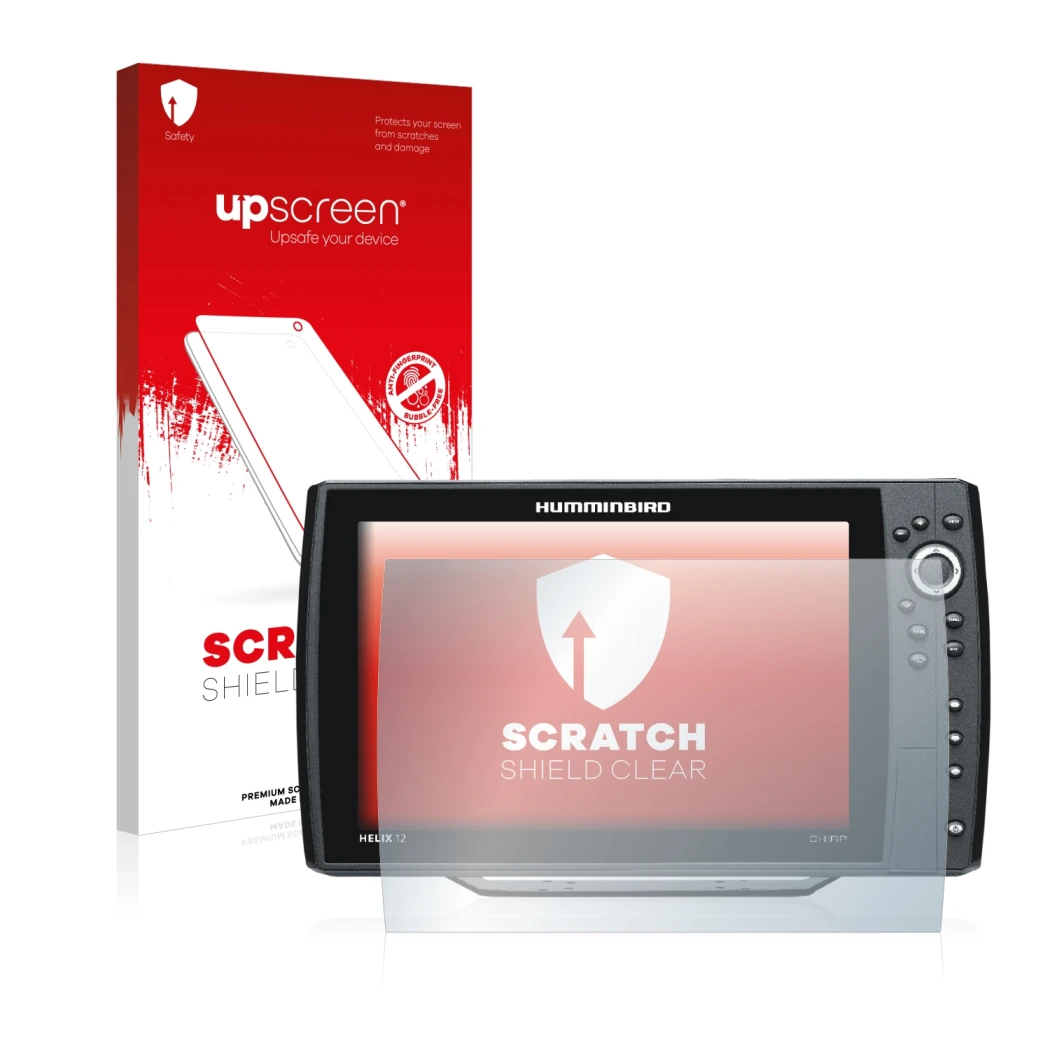 Front side of a product packaging with the brand logo upscreen. Next to it is the device Humminbird Helix 12 shown with the co