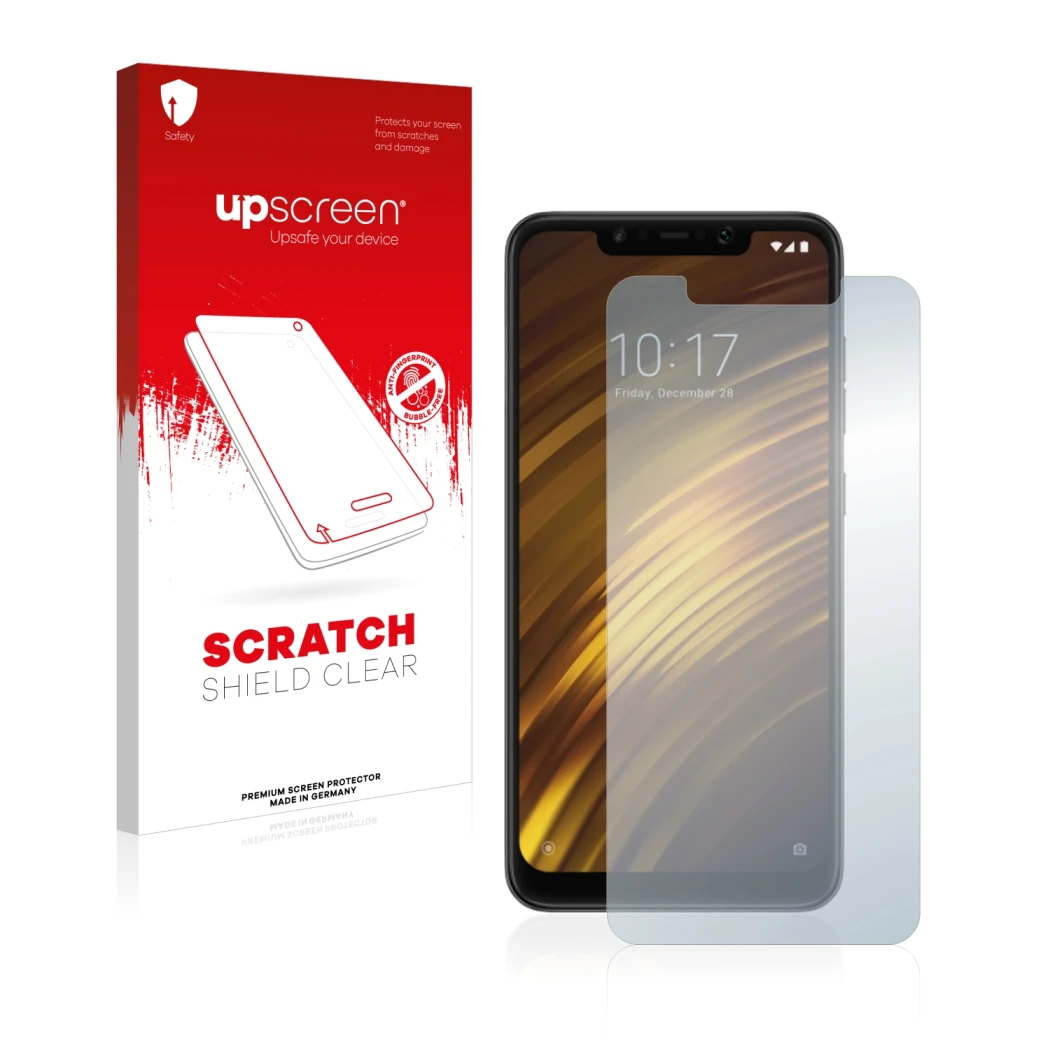 Front side of a product packaging with the brand logo upscreen. Next to it is the device Xiaomi Pocophone F1 shown with the co