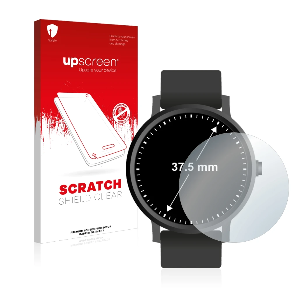 Front side of a product packaging with the brand logo upscreen. Next to it is the device Watches (Circular, ø: 37.5 mm) shown 