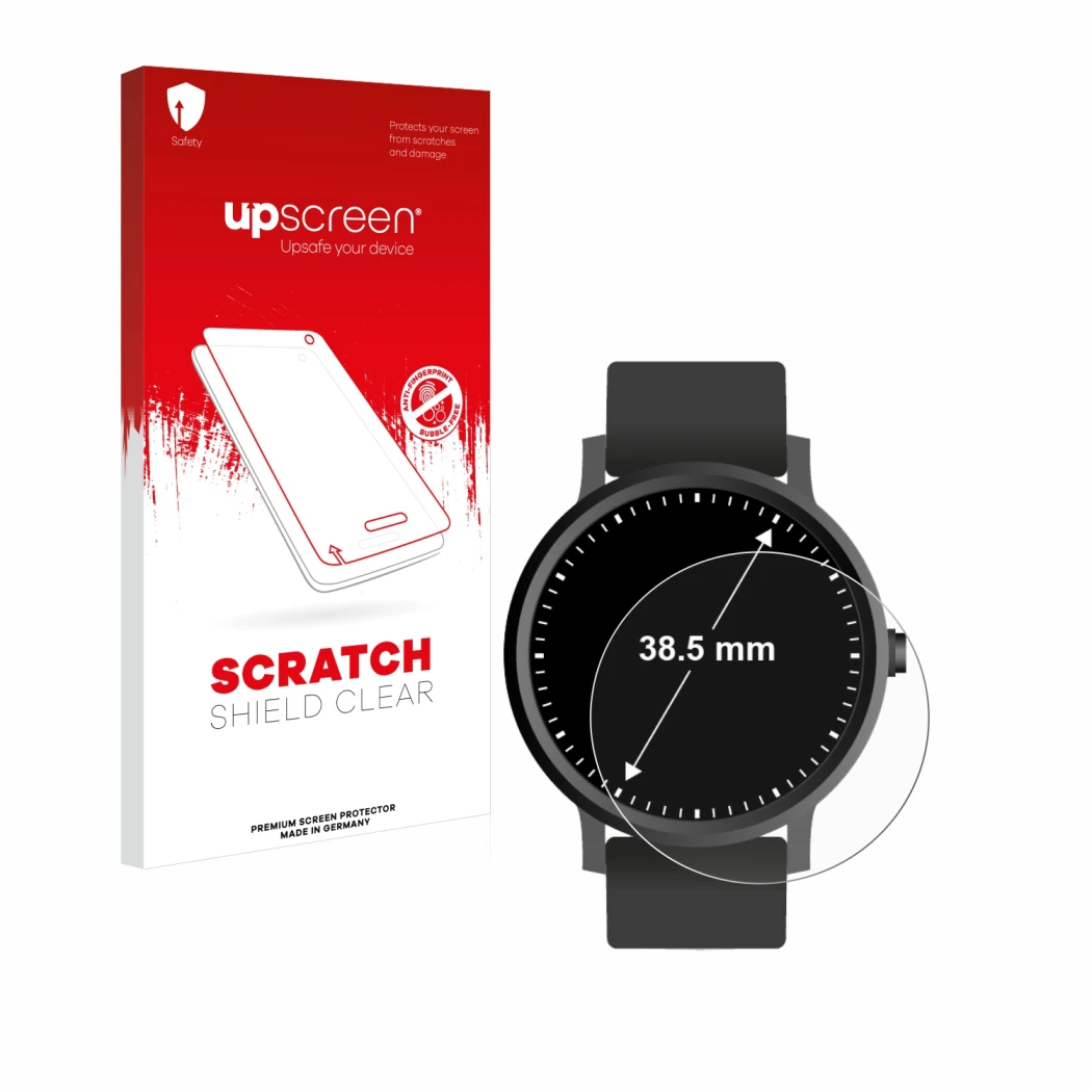 Front side of a product packaging with the brand logo upscreen. Next to it is the device Watches (Circular, ø: 38.5 mm) shown