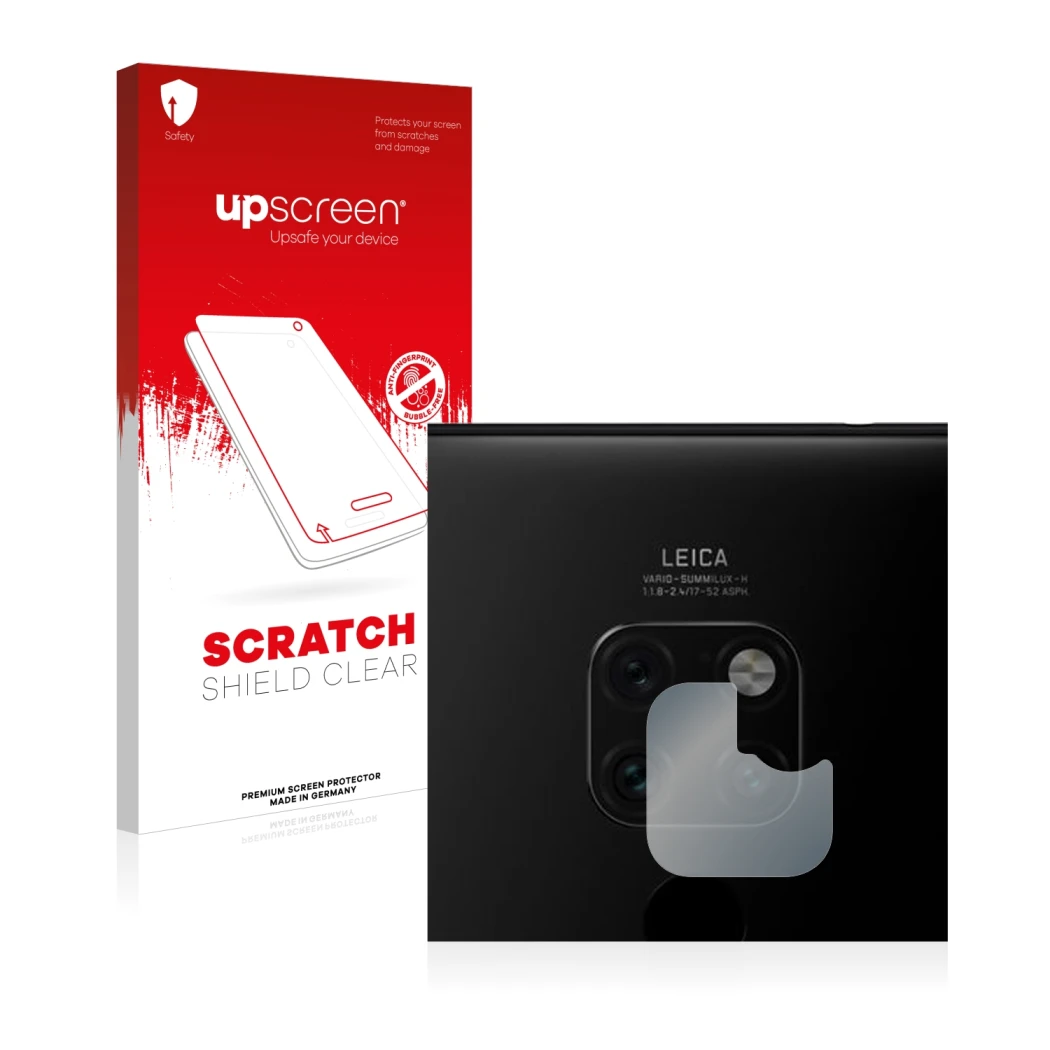 Front side of a product packaging with the brand logo upscreen. Next to it is the device Huawei Mate 20 (ONLY Camera Lens) sho