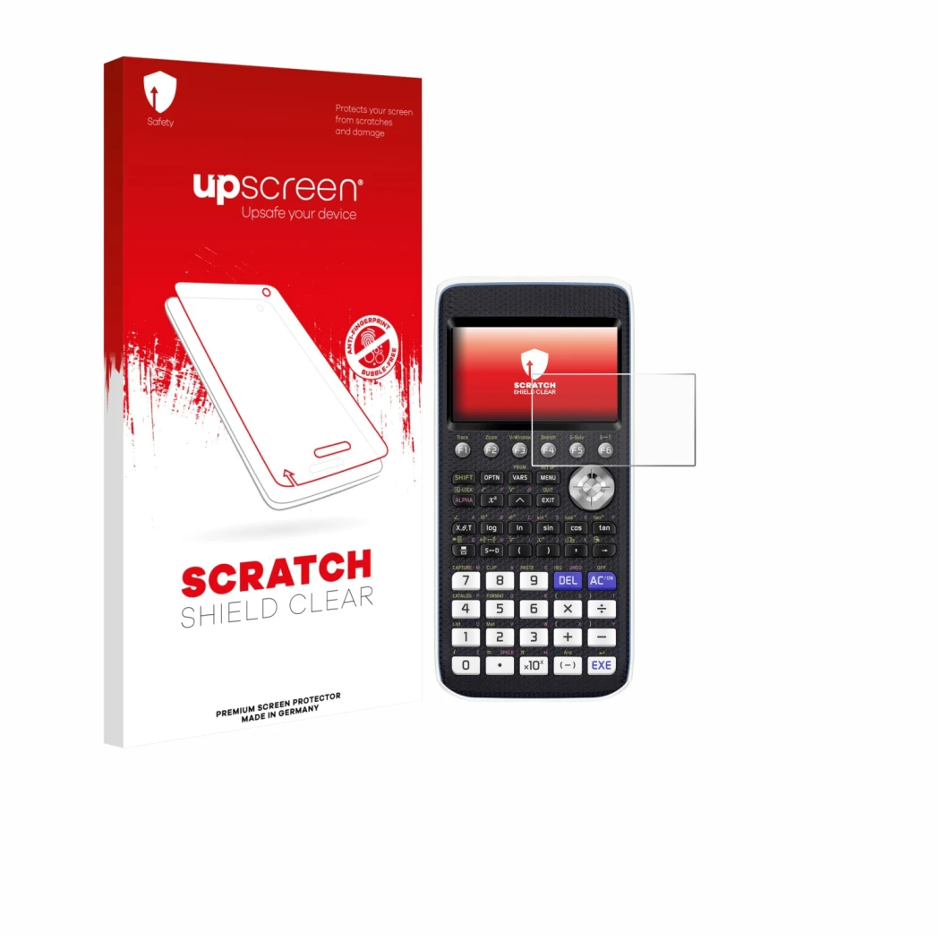 Front side of a product packaging with the brand logo upscreen. Next to it is the device Casio FX-CG50 shown with the correspo
