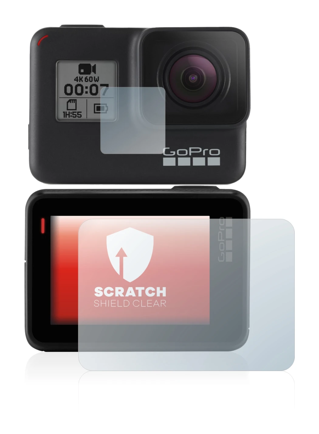 Image of the device GoPro Hero 7 Black with a wide variety of screen protectors.