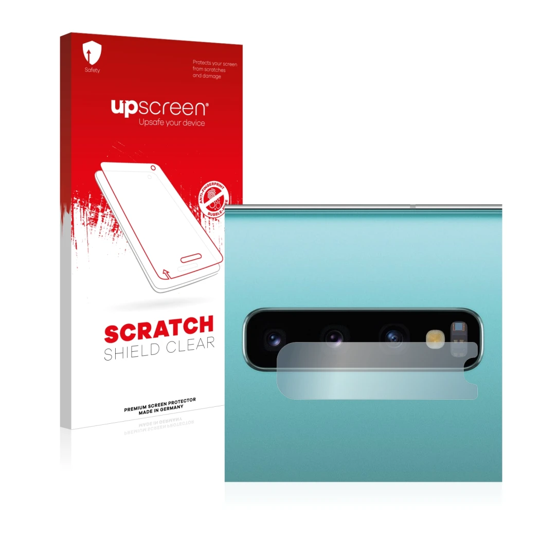 Front side of a product packaging with the brand logo upscreen. Next to it is the device Samsung Galaxy S10 Plus (ONLY Camera