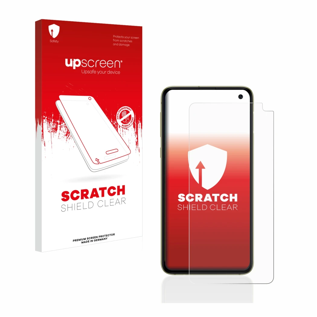 Front side of a product packaging with the brand logo upscreen. Next to it is the device Samsung Galaxy S10e shown with the co