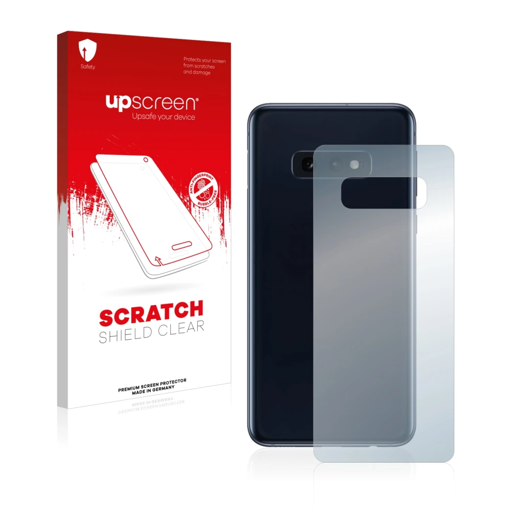 Front side of a product packaging with the brand logo upscreen. Next to it is the device Samsung Galaxy S10e (Back) shown with