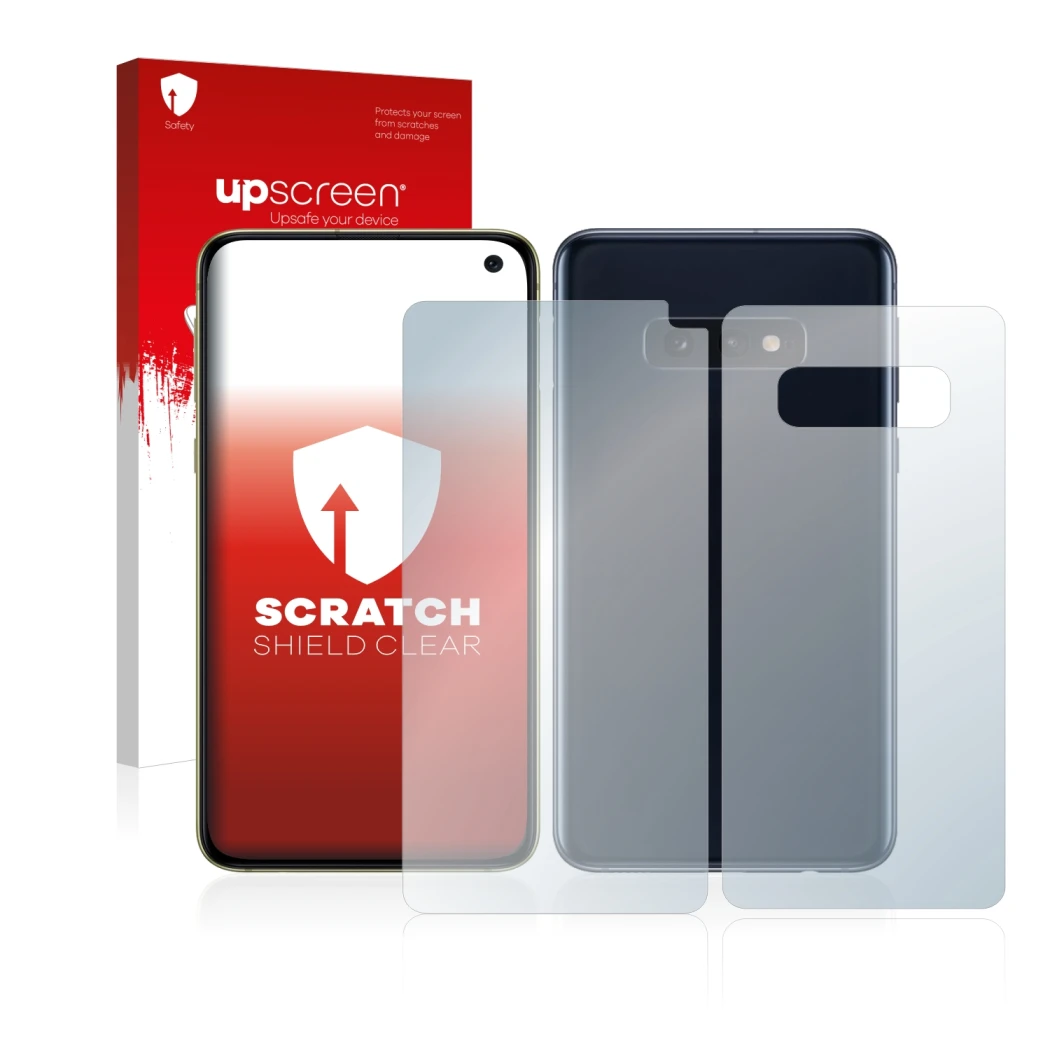 Front side of a product packaging with the brand logo upscreen. Next to it is the device Samsung Galaxy S10e (Front+Back) show