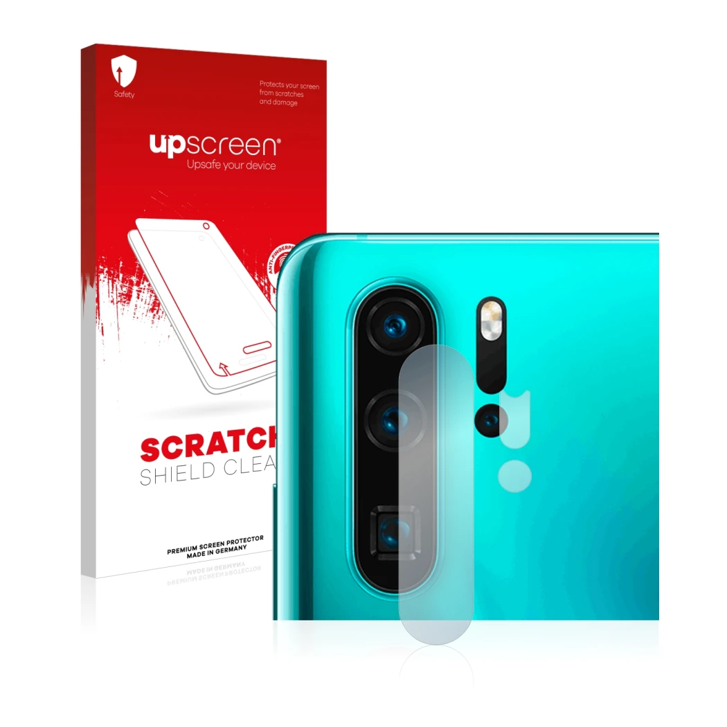 Front side of a product packaging with the brand logo upscreen. Next to it is the device Huawei P30 Pro (ONLY Camera Lens) sho