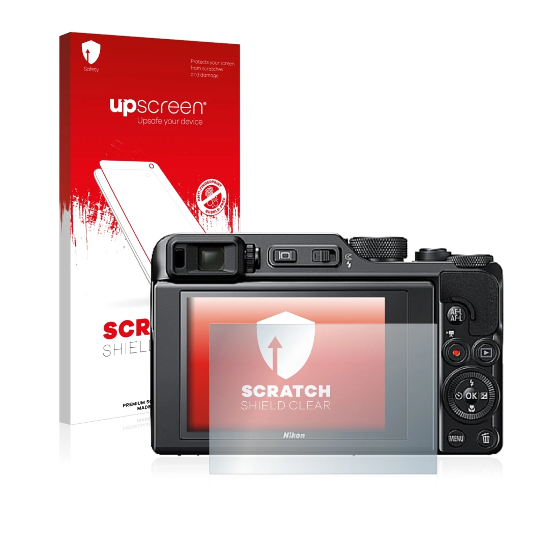 Front side of a product packaging with the brand logo upscreen. Next to it is the device Nikon Coolpix A1000 shown with the co