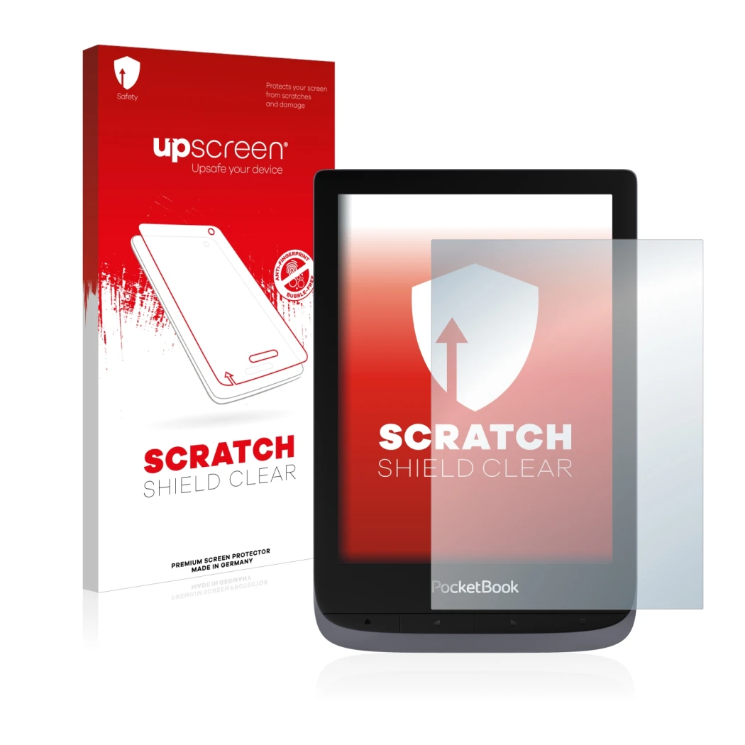Front side of a product packaging with the brand logo upscreen. Next to it is the device PocketBook Touch HD 3 shown with the 