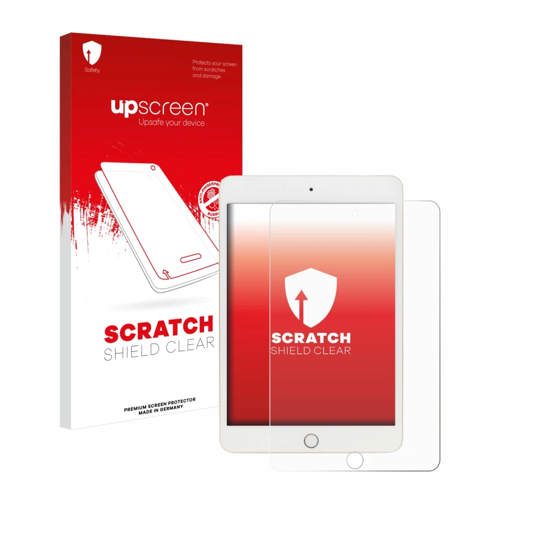 Front side of a product packaging with the brand logo upscreen. Next to it is the device Apple iPad Mini 5 2019 (5th. Gen.) sh