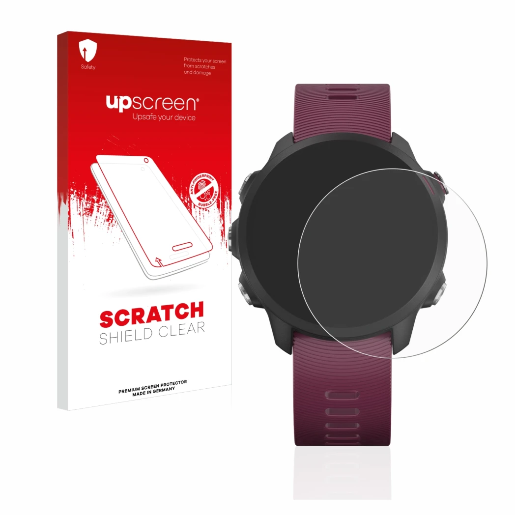 Front side of a product packaging with the brand logo upscreen. Next to it is the device Garmin Forerunner 245 shown with the 