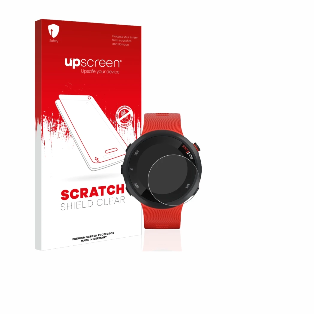 Front side of a product packaging with the brand logo upscreen. Next to it is the device Garmin Forerunner 45 shown with the c