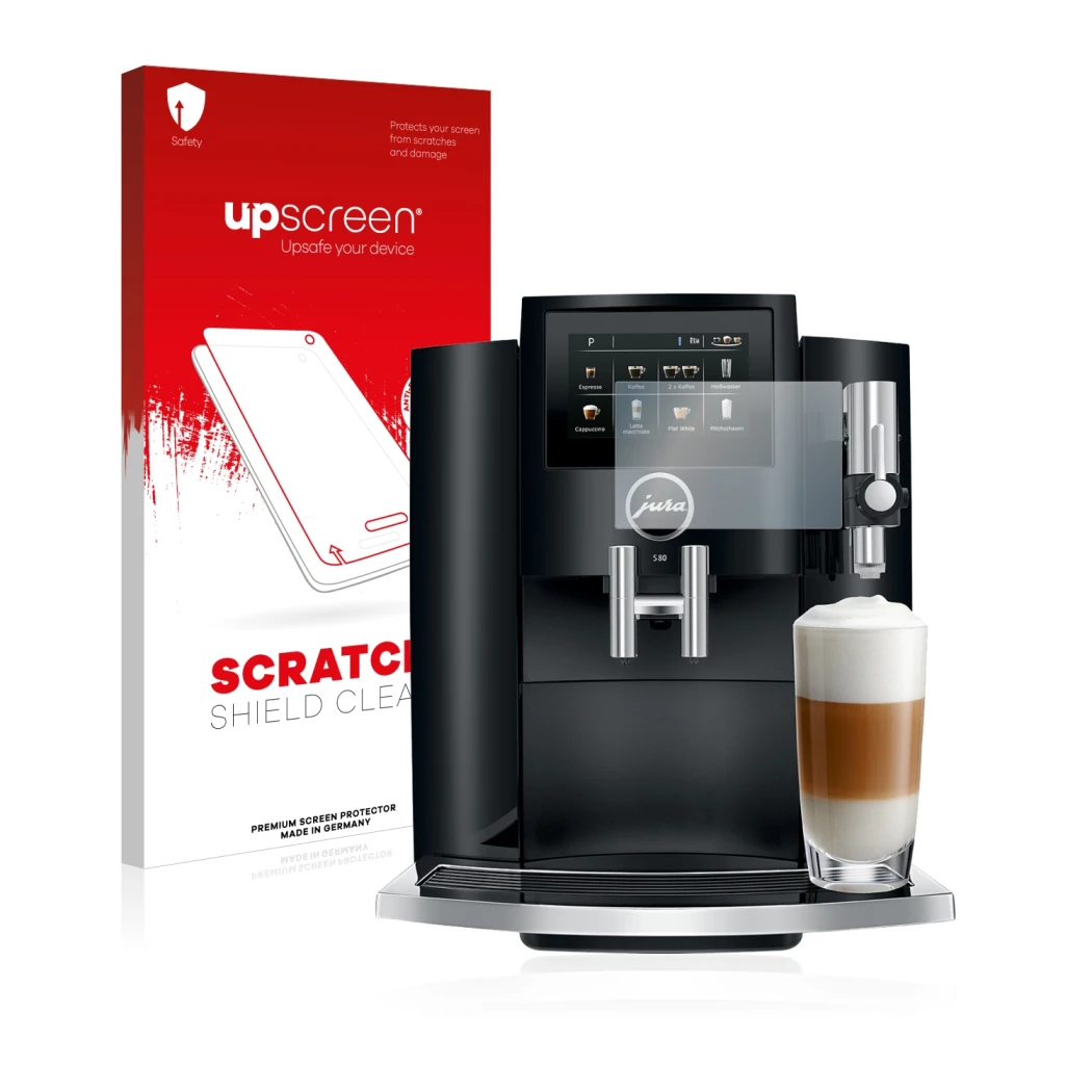 Front side of a product packaging with the brand logo upscreen. Next to it is the device Jura S8 shown with the corresponding 