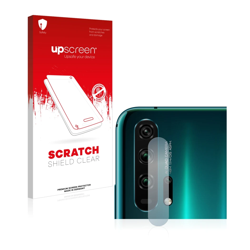 Front side of a product packaging with the brand logo upscreen. Next to it is the device Honor 20 Pro (ONLY Camera Lens) shown