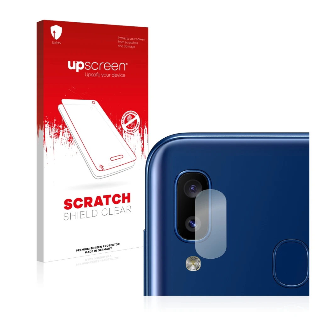 Front side of a product packaging with the brand logo upscreen. Next to it is the device Samsung Galaxy A20e (ONLY Camera Lens