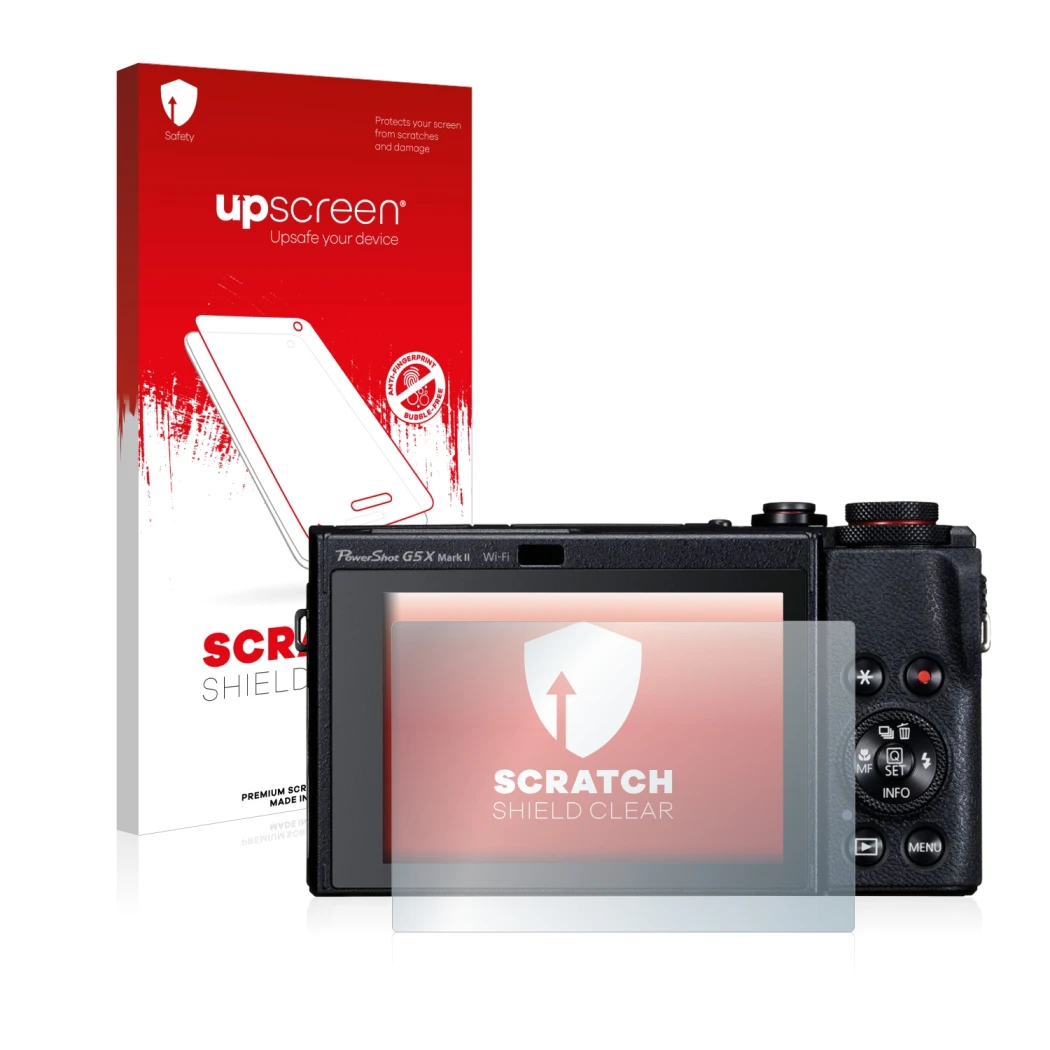 Front side of a product packaging with the brand logo upscreen. Next to it is the device Canon PowerShot G5 X Mark II shown wi
