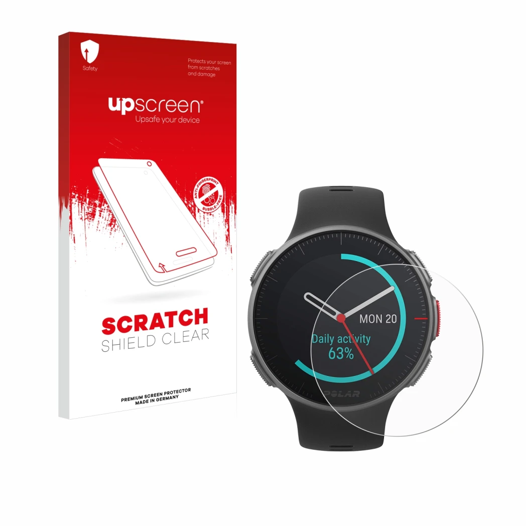Front side of a product packaging with the brand logo upscreen. Next to it is the device Polar Vantage V Titan shown with the