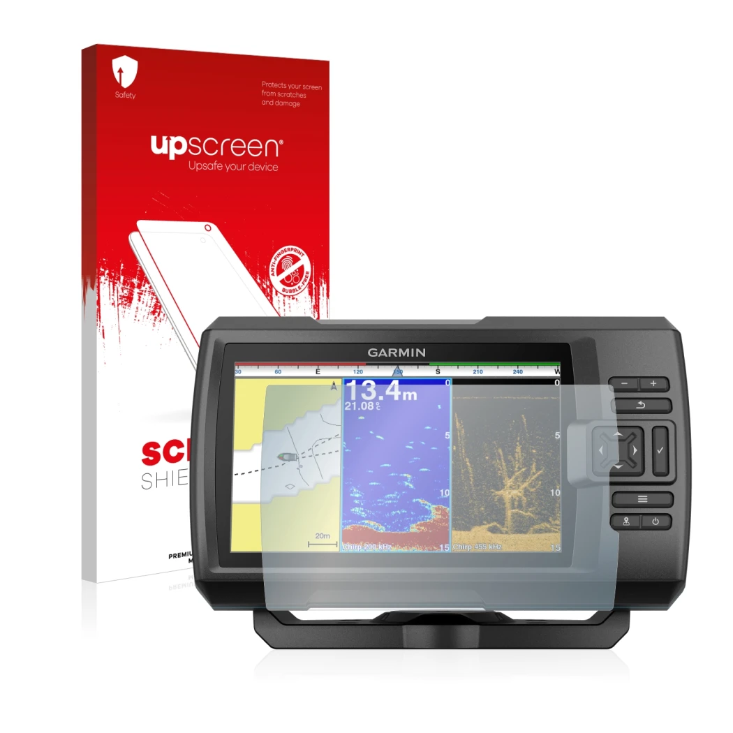 Front side of a product packaging with the brand logo upscreen. Next to it is the device Garmin Striker Plus 9sv shown with th