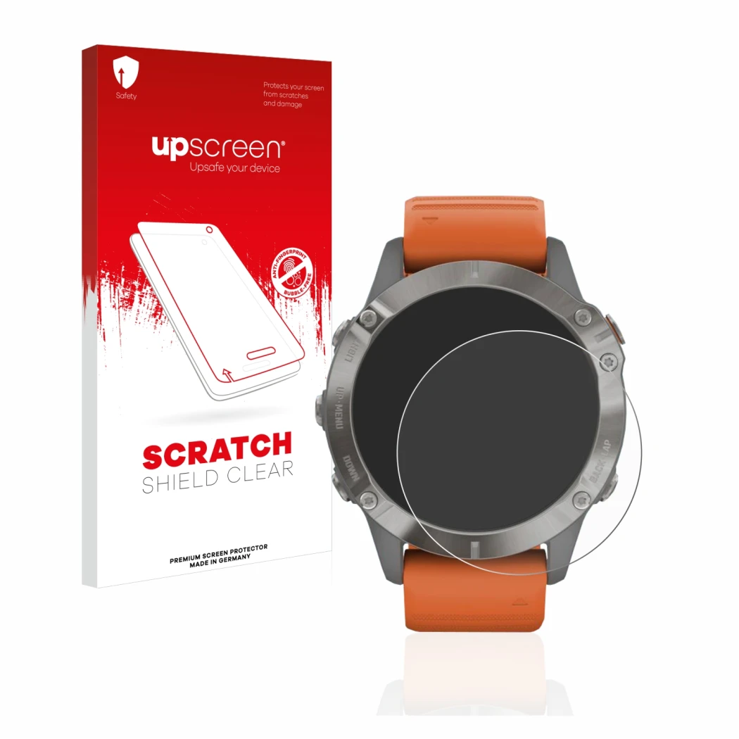 Front side of a product packaging with the brand logo upscreen. Next to it is the device Garmin Fenix 6 Pro shown with the cor