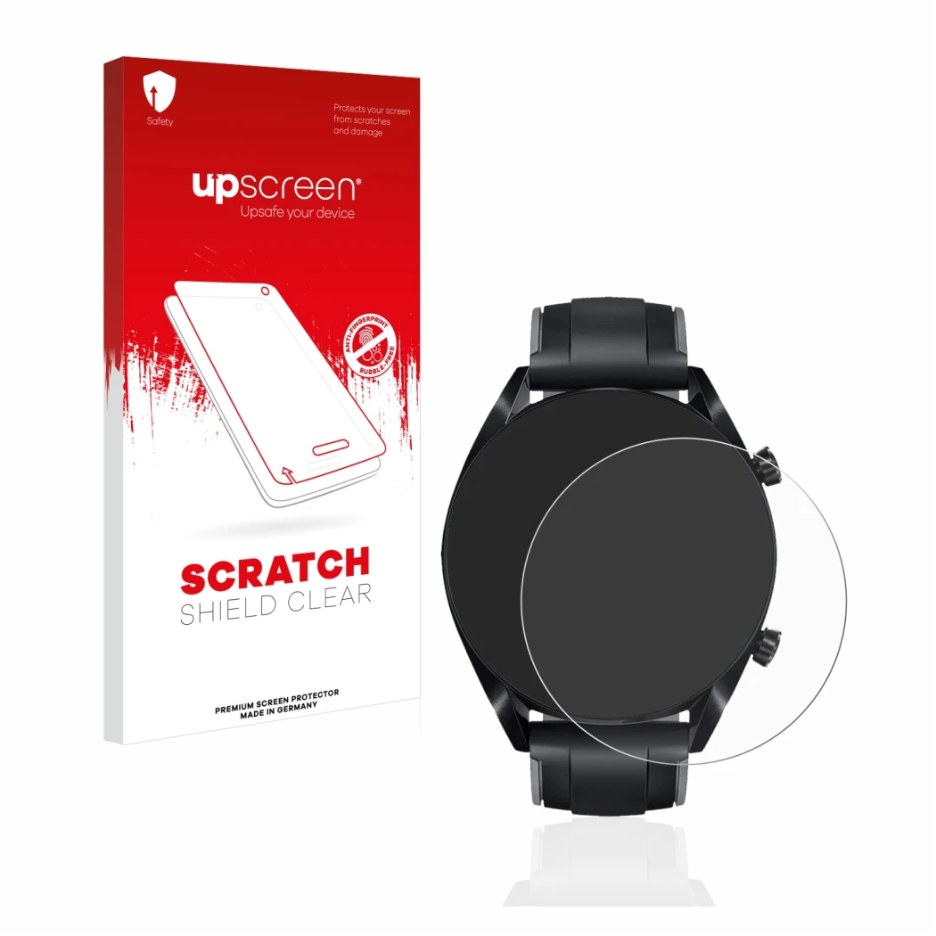 Front side of a product packaging with the brand logo upscreen. Next to it is the device Huawei Watch GT 2 (46 mm) shown with