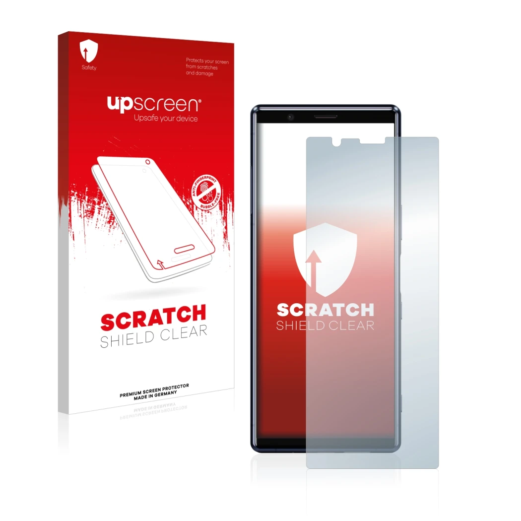 Front side of a product packaging with the brand logo upscreen. Next to it is the device Sony Xperia 5 shown with the correspo