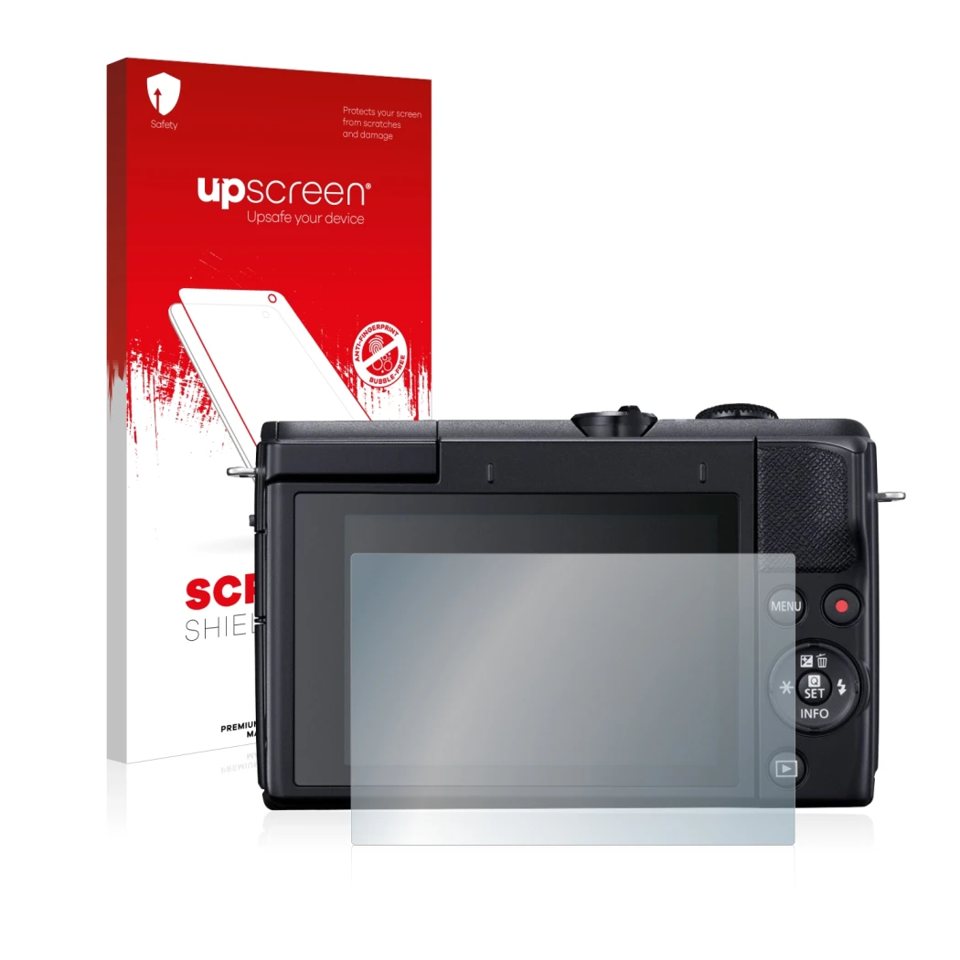 Front side of a product packaging with the brand logo upscreen. Next to it is the device Canon EOS M200 shown with the corresp