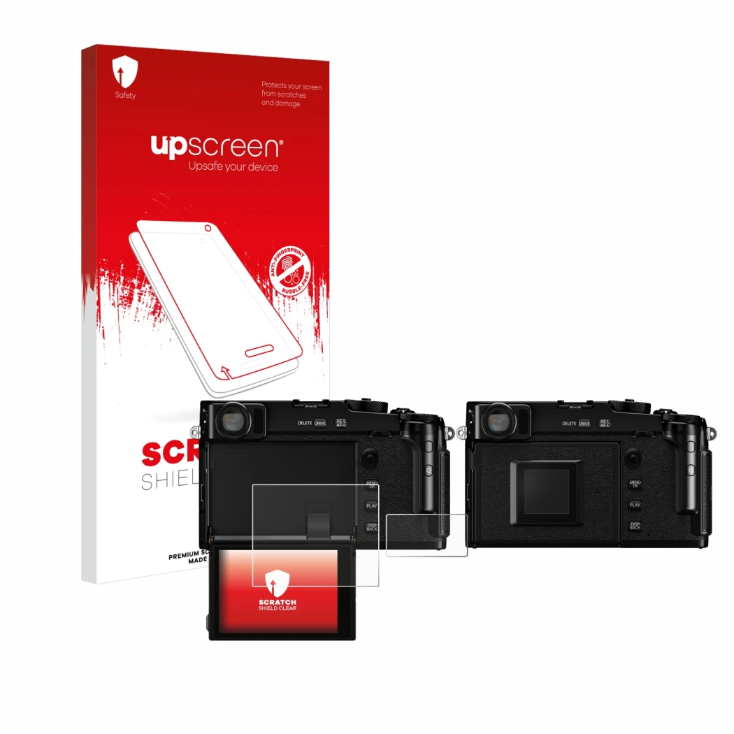 Front side of a product packaging with the brand logo upscreen. Next to it is the device Fujifilm X-Pro3 shown with the corres