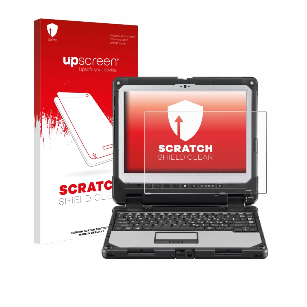 Front side of a product packaging with the brand logo upscreen. Next to it is the device Panasonic Toughbook CF-33 shown with 