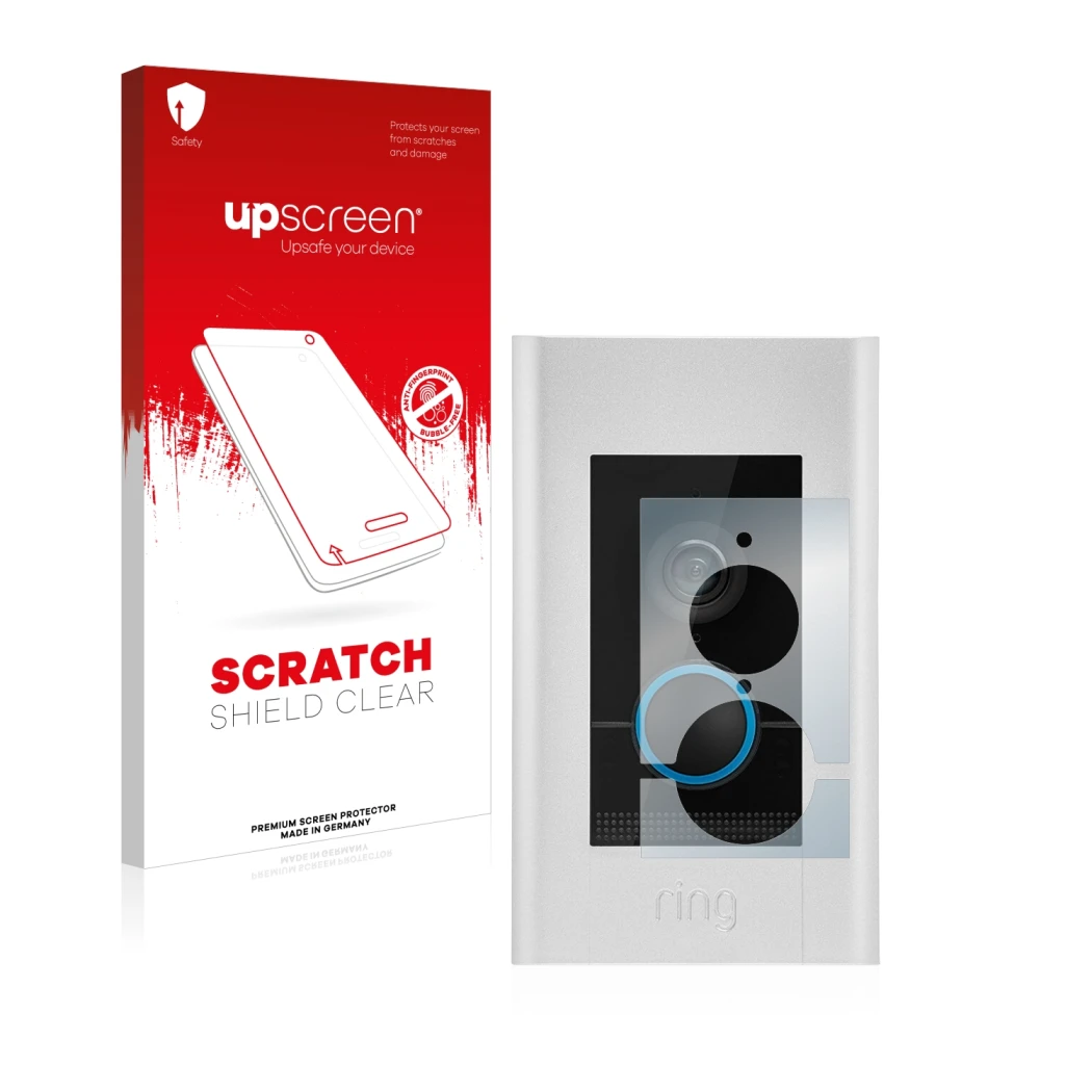 Front side of a product packaging with the brand logo upscreen. Next to it is the device Ring Video Doorbell Elite shown with